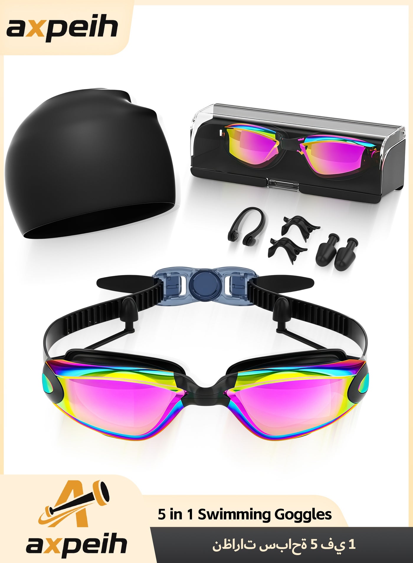 5-in-1 Anti-Fog Pro Swim Goggles Set for Adults with Silicone Swim Cap, Anti-Fog UV Protection, Clear Vision, 180° Panoramic, Durable PC Material - Waterproof Swimming Accessories Kit with Carry Case, Nose Clip, & Earplugs (Black Purple)